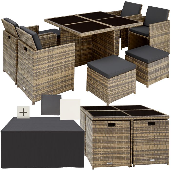 Salon de jardin - TECTAKE - Ensemble détente repas dextérieur MANHATTAN 8 personnes pliable et encastrable résistant - Naturel