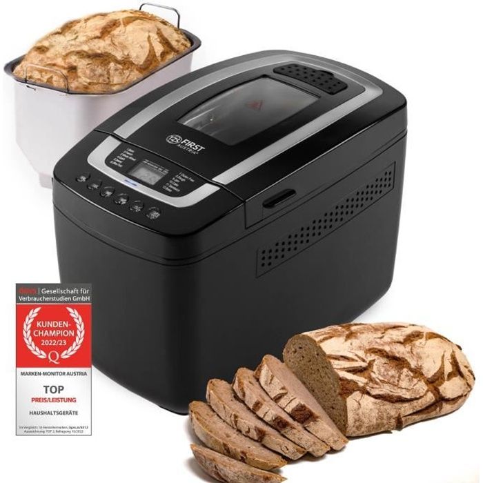 Machine à pain - 12 programmes, 850W - le pain jusqu'à 1200gr - avec fonction minuterie -TZS First Austria [noir]