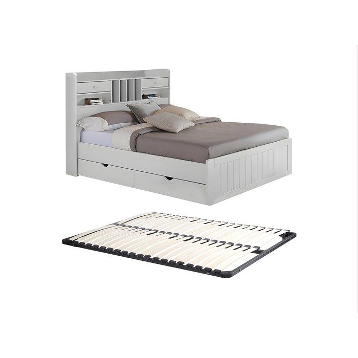 Lit avec rangements 140 x 190 cm - Pin - Blanc + Sommier - MEDERICK