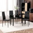 Table de salle à manger avec 4 chaises design contemporain Chesterfield acier plateau verre trempé PVC effet capitonné noir-1