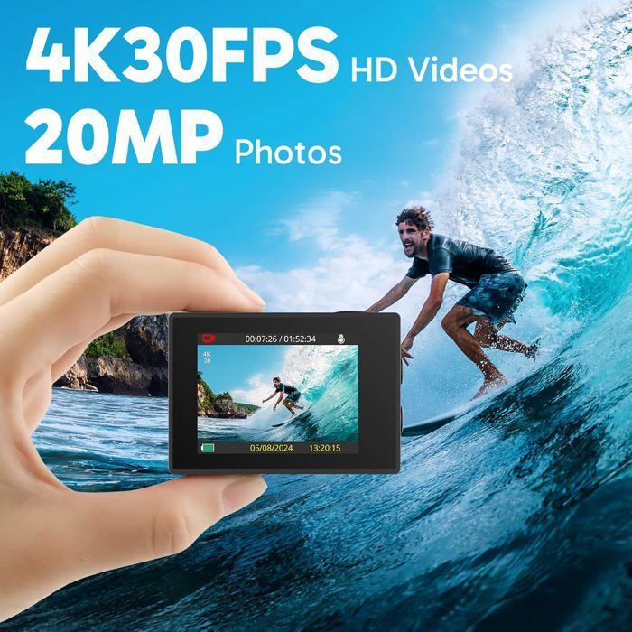 Kit AKASO EK7000 4K 30FPS + Poignée Flottante Étanche – Caméra Sport D'Action Avec 2 Batteries, Sac & Accessoires