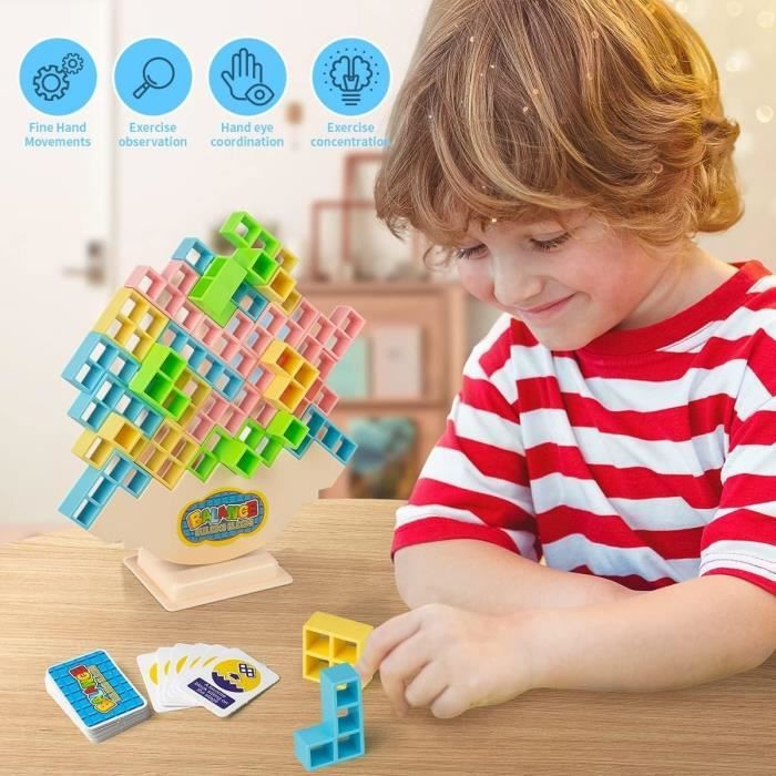 Tetra Tower – 48 Blocs Tetris – Balance Stacking – Base + Piédestal + 22 Cartes – Jeu Montessori – ABS – Dès 3 Ans