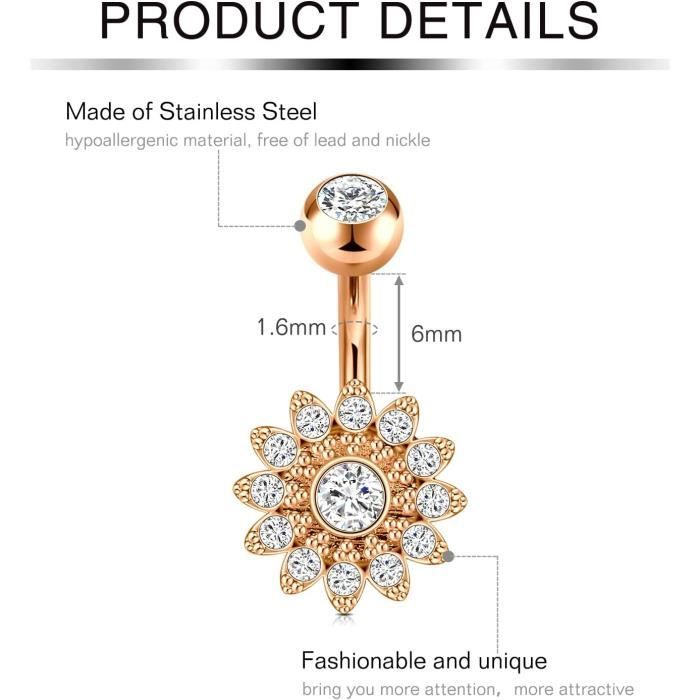 Piercing Nombril 14 Gauge Piercing au Nombril Piercing Bijoux Femme Argent Or Rose 681012mm