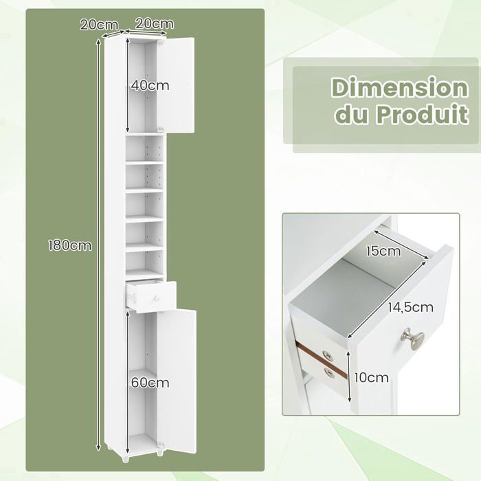 Armoire De Rangement COSTWAY – 6 Niveaux Avec 2 Placards – Étagères Réglables – 70 X 30 X 168 Cm – Blanc – Pour Salle De Bain, Buanderie, Cuisine