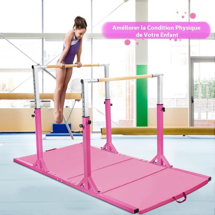 Barre fixe de gymnastique enfant - barre de gymnastique hauteur réglable 13  niveaux 92 à 150 cm - acier rose bois massif hêtre