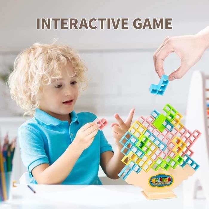 Tetris Tower – Jeu D'empilage Dinosaure – 48 Blocs ABS – Équilibre – Carte 22 Défis – Cadeau Dès 3 Ans