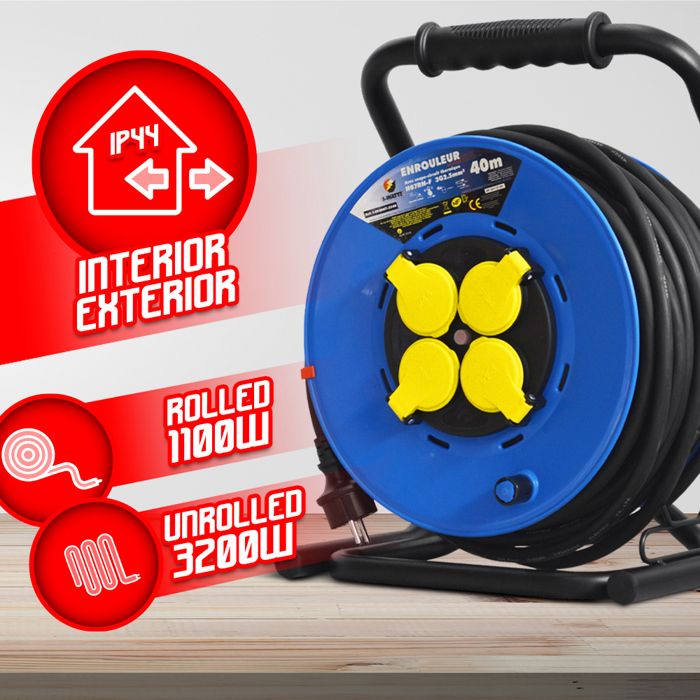 Enrouleur Electrique 2.5mm2 LEDKIA LIGHTING - Enrouleur De Câble 10m | 4 Prises | Protection