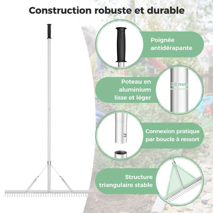 Râteau De Jardin Walensee - 1,5m - 17 Dents Acier Inoxydable - Pour Sol, Feuilles, Nivellement - Manche Réglable