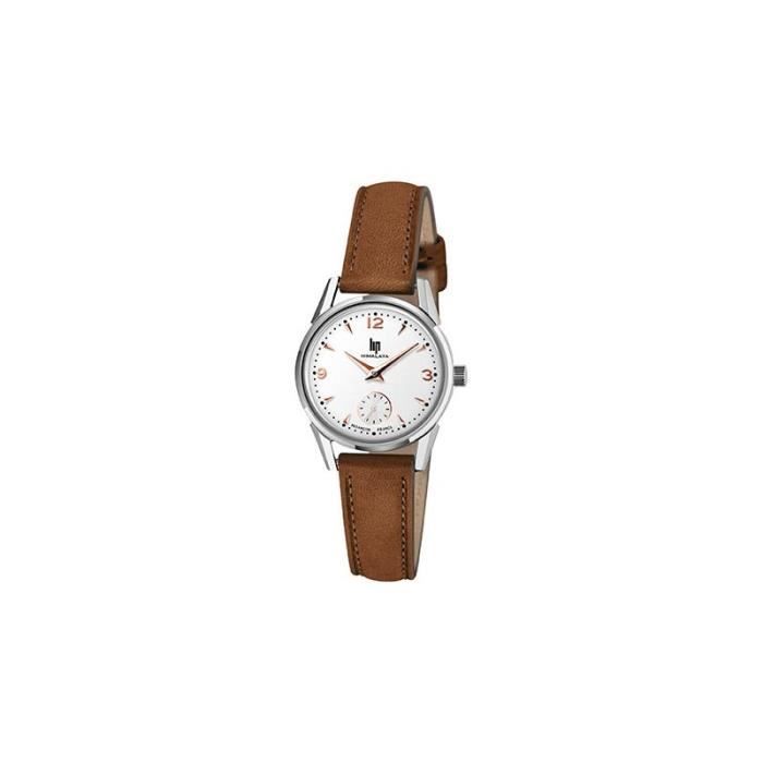 Montre LIP Femme Classique - Cadran Blanc, Boîtier Doré, Bracelet Cuir Marron - Quartz - Occasion Très Bon état