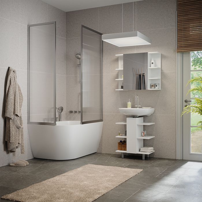Vicco Meuble Sous Vasque Fynn – 60 X 70 Cm, Blanc, 6 Étagères Ouvertes, Rangement Salle De Bain Avec Évidement Siphon