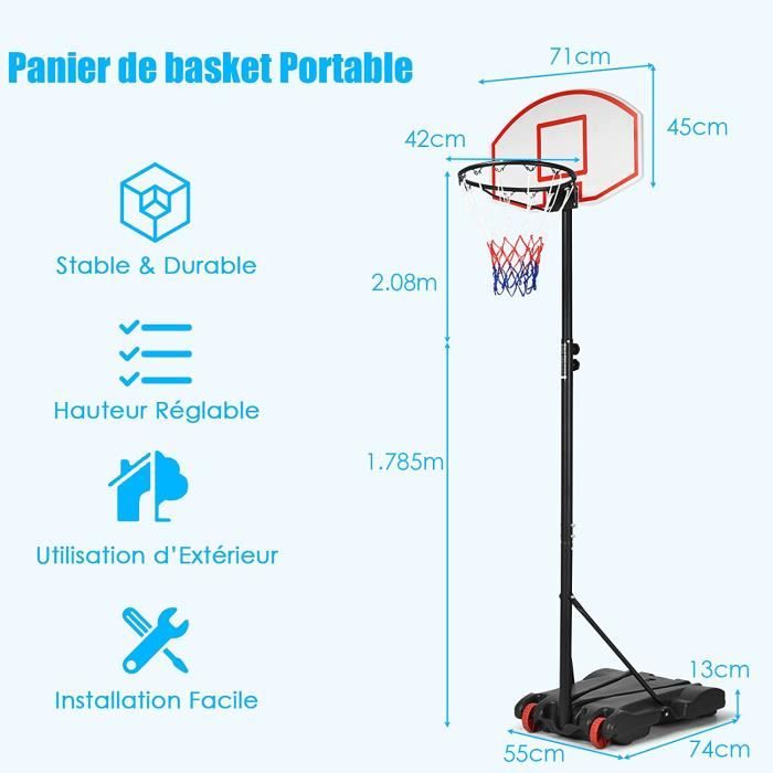 GYMAX Panier Basket Extérieur pour Adultes Adolescents, Hauteur Réglable 143-305 cm, Mobile avec Roues, Base Stable Remplissable avec Sac de Poids