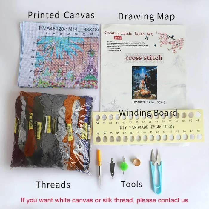 Kit Broderie Point De Croix Compté Kimono Japonais Femme - Canevas Pré-Imprimé 11CT 40x50cm Complet Débutant
