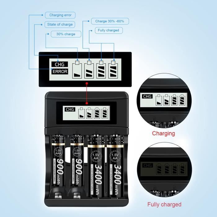 8 Piles Rechargeables AA 1,5V 3700 MWh - Batteries Lithium Avec Chargeur Intégré - Haute Capacité, Longue Durée