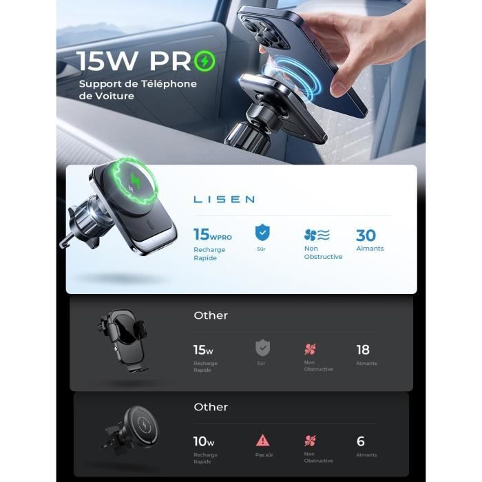 Support Téléphone Voiture Magnétique LISEN - Pliable, Rotation 360° - Compatible MagSafe Et Smartphones