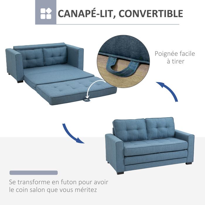 Canapé Convertible 2 Places HOMCOM - Dossier Capi Tonné, Tissu Lin, Transformable En Lit 2 Places