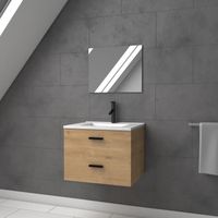 Meuble salle de bain 60 cm monte suspendu decor bois H46xL60xP45cm - avec tiroirs - vasque et miroir