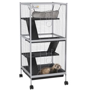 ENCLOS - CHENIL Cage pour Petits Animaux PawHut Portable à 4 Niveaux Cage Chinchilla avec Roulettes, 2 Portes, 3 Rampes, Hamac et Plateau Amovible