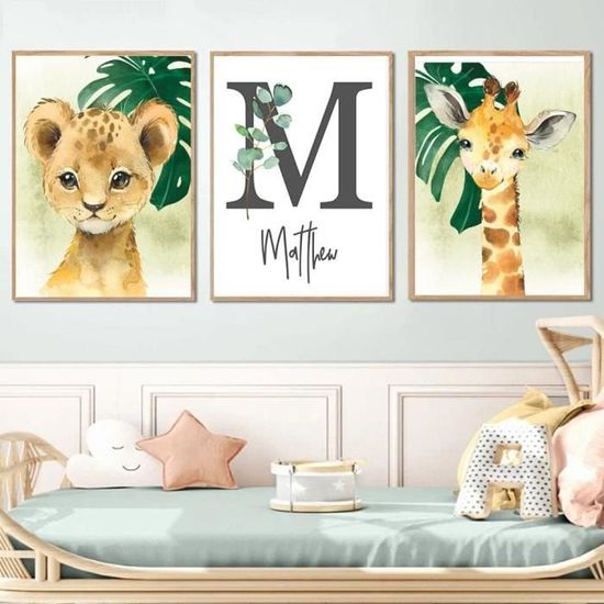 Lot 4 Affiches Animaux Safari Chambre Bébé - 21x30 Cm Chaque - Toile Coton 320gsm - Lion, éléphant, Girafe, Zèbre - 8