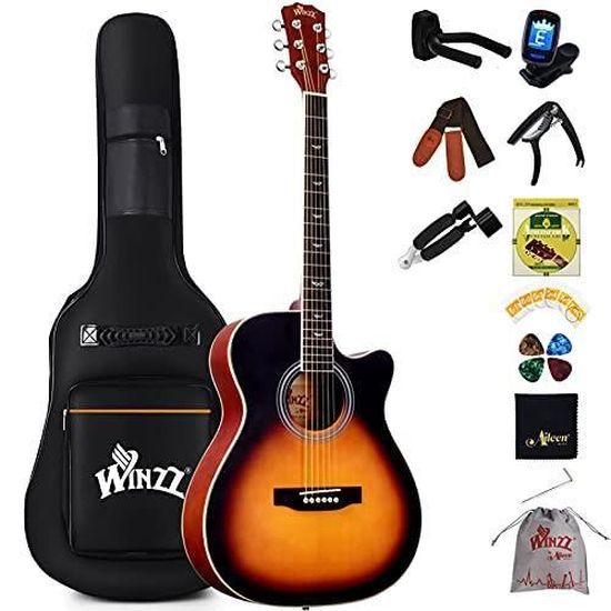 Winzz Guitare Enfant 3/4, Guitare Acoustique Adulte, Kit Guitar Folk pour  Débutant 36 Pouces (Noir-gris, Cordes en acier)