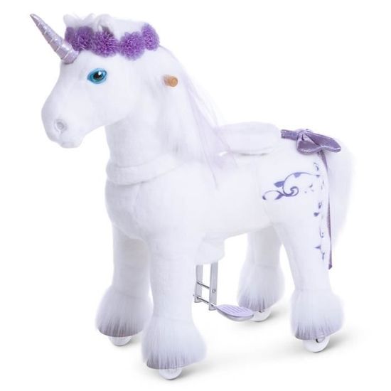 FINOOS Pony Ride – Cheval à Bascule Peluche Sur Roues, Licorne Arc-en-Ciel, 4-9 Ans