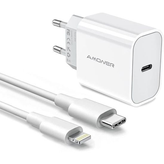 Chargeur Rapide IPhone 20W Double Port USB-C Et USB-A Avec Câble Lightning 2M - Compatible IPhone 14/13/12/11/X/8/iPad - Sûr Et Fiable