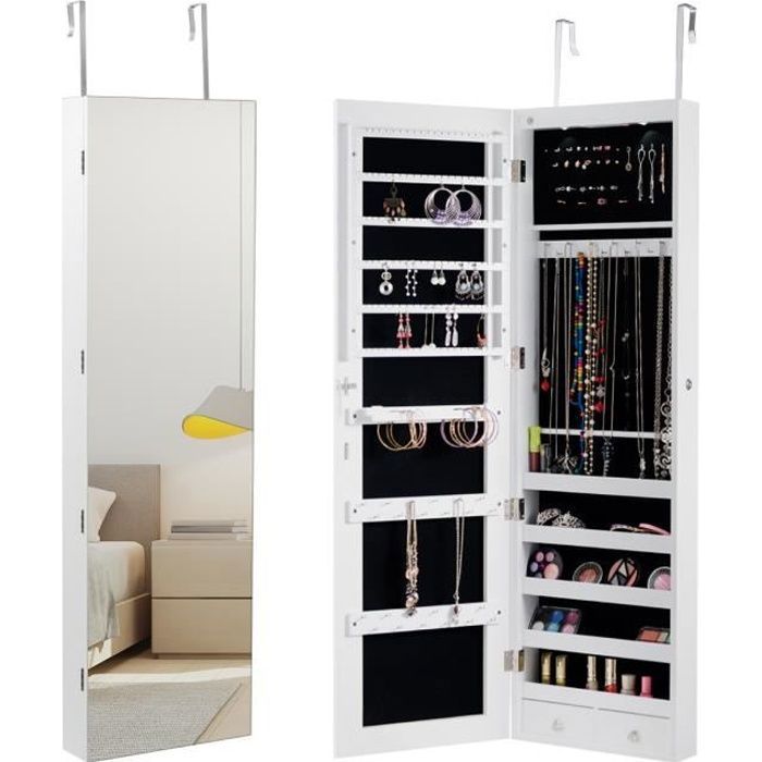 Armoire à Bijoux Mural Armoire Bijoux de Rangement avec Miroir et Lumière LED 120 x 36 x 10 cm Accrochée à la Porte Blanche
