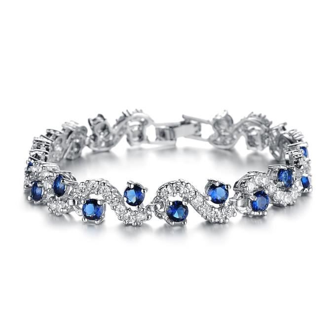 Bracelet femme avec AAA zircon bleu plaqué or blanc