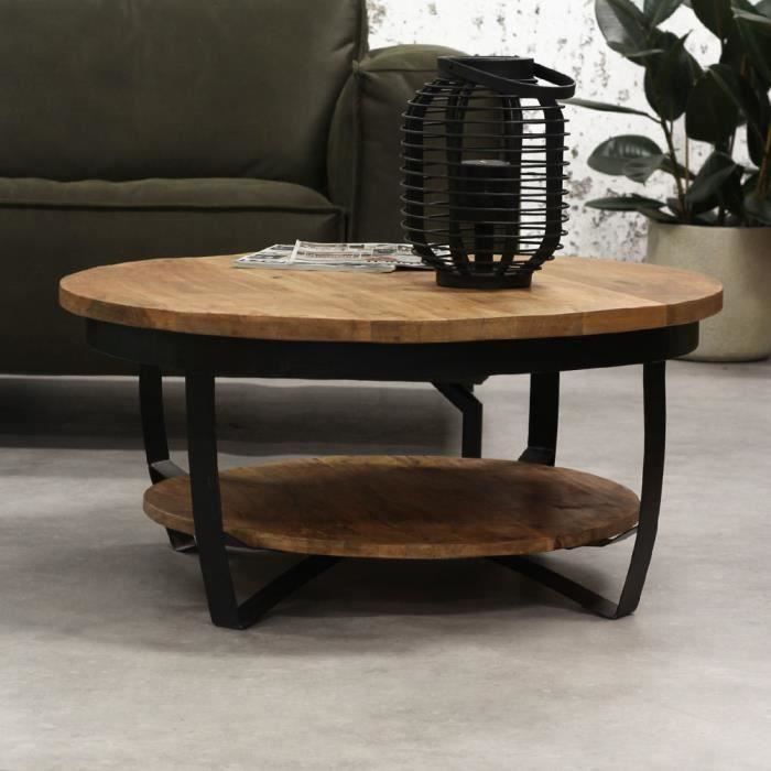 Baldo Table Basse Ronde Bois Manguier Massif Industriel 90 cm