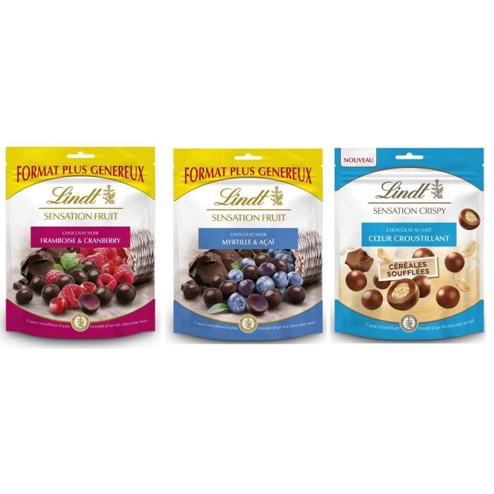 Lot de 3 - LINDT 1 Sensation Fruit Framboise et Cranberry 160g + 1 Sensation Fruit Myrtille et Acai 160g + 1 Sensation Crispy 140g