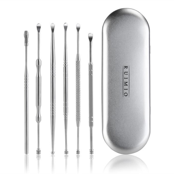 RUIMIO 6 Pièces Ear Pick Nettoyeur d'Oreilles avec Boîte de Rangement, cérumen acier inox teinte argent NETTOYEUR D'OREILLES
