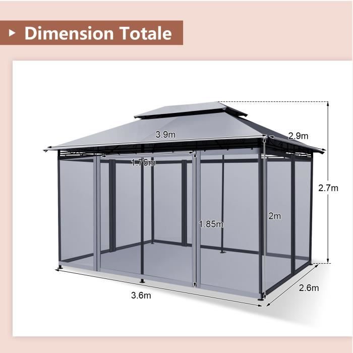 GOPLUS 3,9x2,9M Tonnelle de Reception,Double Toit avec Moustiquaire Détachable et Armature,Pergola pour Jardin/Mariage/Fêtes,Gris