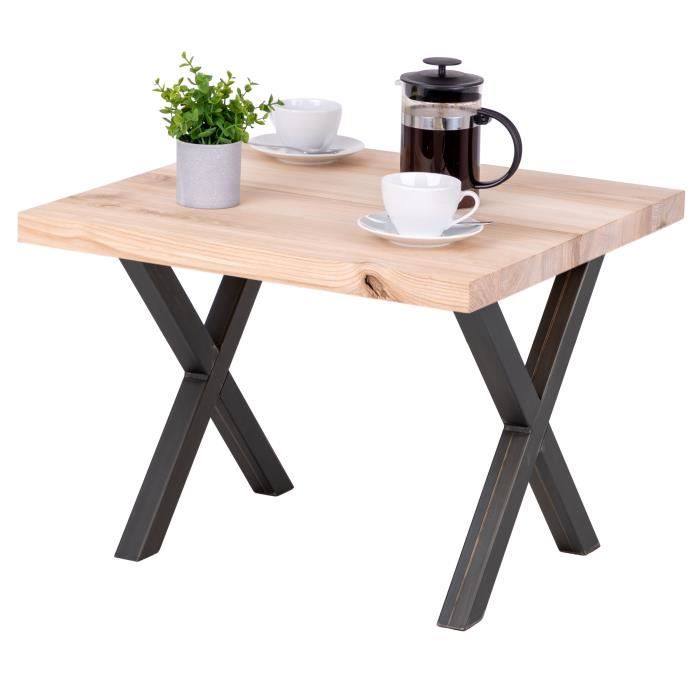 LAMO MANUFAKTUR Table basse industrielle - bois massif - salon - 60x60x47cm - frêne sévère - pieds acier brut - modèle design