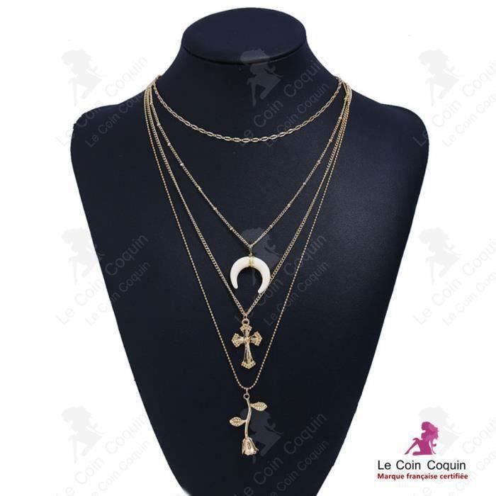 LCC® Collier femme couleur or fantaisie pendentif elegant demi lune croix feuille cadeau bijou chaîne anniversaire alliage aluminiu