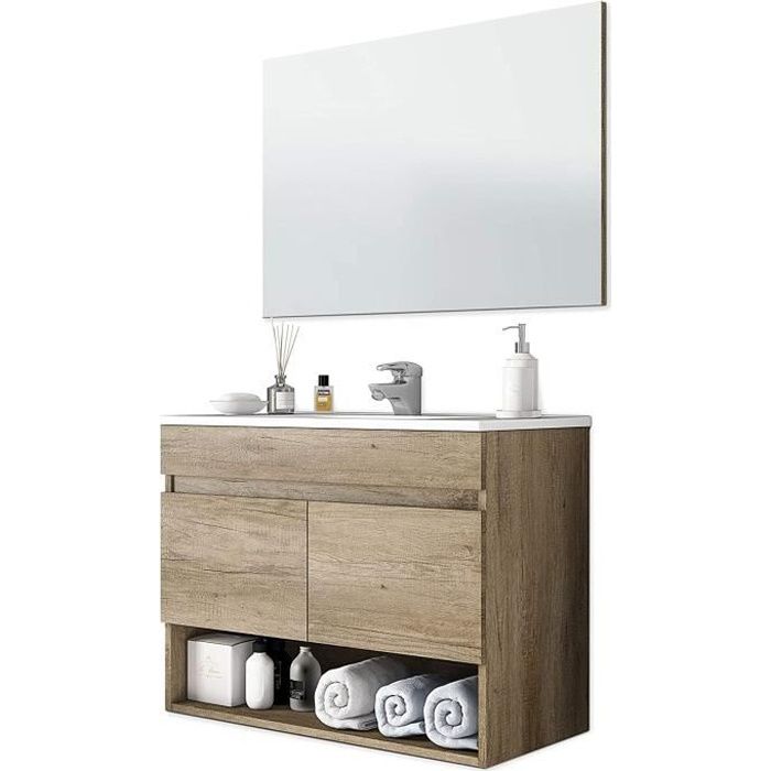 Meuble sous-vasque Suspendue avec 2 portes + miroir coloris nordik - 80 cm (longueur) x 64 cm (Hauteur) x 45 cm (Profondeur)