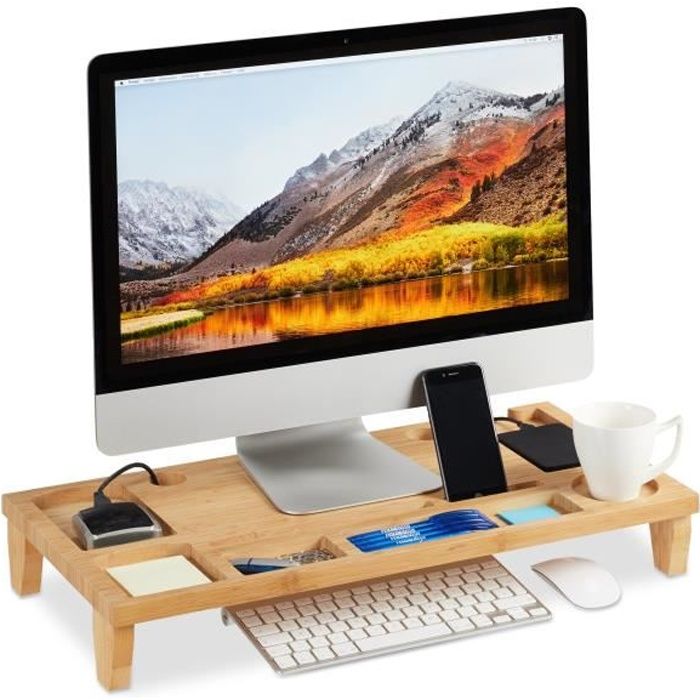 Relaxdays Support moniteur en bambou, Rehaussement écran PC, Support d’écran 8 compartiments, HLP 8 x 9 x 30cm, naturel -