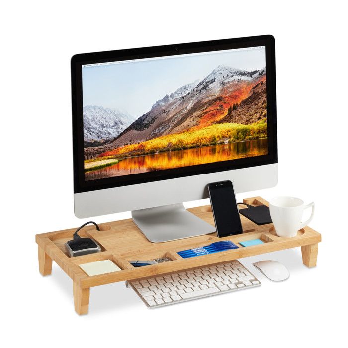 Relaxdays Support moniteur en bambou, Rehaussement écran PC, Support d’écran 8 compartiments, HLP 8 x 9 x 30cm, naturel -