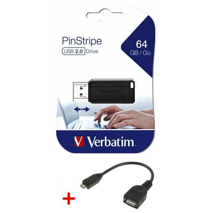 Cle USB 64 Go Verbatim Pinstripe clef USB 64Go 2.0 + câble adaptateur OTG Micro USB