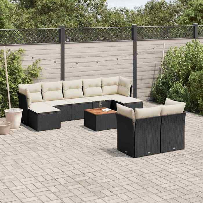 vidaXL Salon de jardin 10 pcs avec coussins noir résine tressée 3223872