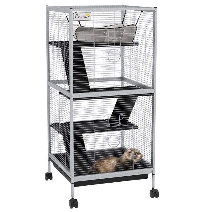 Cage pour Petits Animaux PawHut Portable à 4 Niveaux Cage Chinchilla avec Roulettes 2 Portes 3 Rampes Hamac et Plateau Amovible