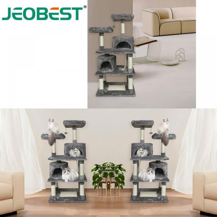 Meilleurs prix pour JEOBEST. Arbre à Chat pour Grands Chats avec 2 grottes Stable, 2 Plateformes, 2 Boule en Peluche (60*48*145cm Gris)