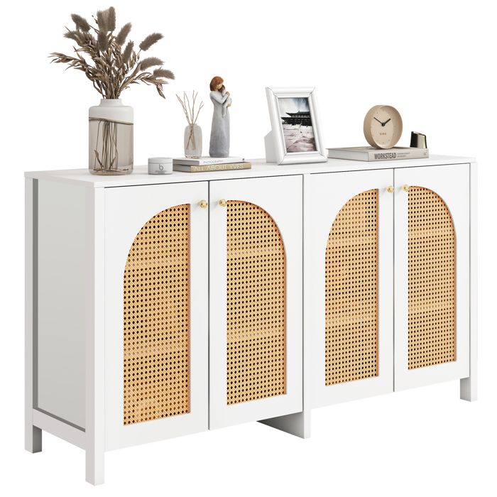 Buffet Salon Bas Meuble dEntrée 4 Portes en Rotin Style Minimaliste Armoire de Cuisine avec étagère145x40x80cm Blanc