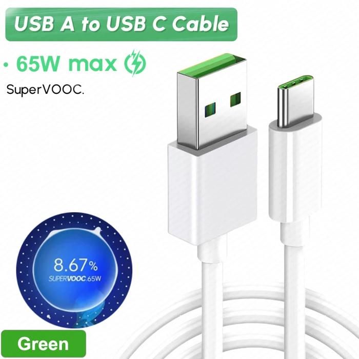 Chargeur VCA7JAY 65W Fast Charge 6.5A VOOC 2.0 USB + Cable Type-C Pour OPPO Reno Find X2 Pro, OPPO Reno Ace, Reno4 Pro 5G, Reno4 5G, Ace2, Find X2, F19 Pro+ 5G