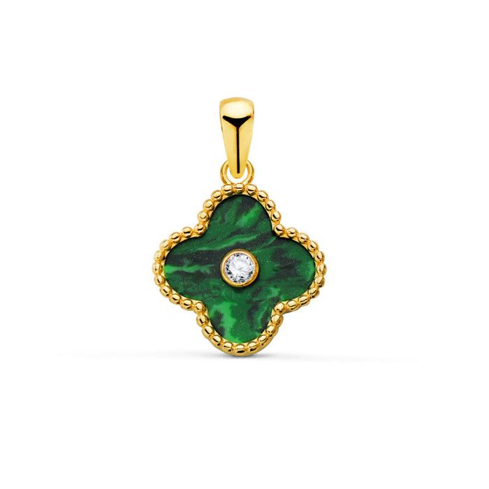Pendentif Trèfle à Quatre Feuilles Or 18 Carats 750 Jaune - Malachite et Zirconium - Chaine Offerte Pendentif Trèfle à Quatre Feuilles Or 18 Carats 750 Jaune - Malachite et Zirconium - Chaine Offerte