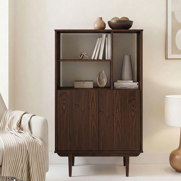 Buffet haut SIMONA 80x133 cm en Bois massif coloris noyer avec 2 Portes et Étagères Vaisselier en hauteur Buffet haut SIMONA 80x133 cm en Bois massif coloris noyer avec 2 Portes et Étagères Vaisselier en hauteur