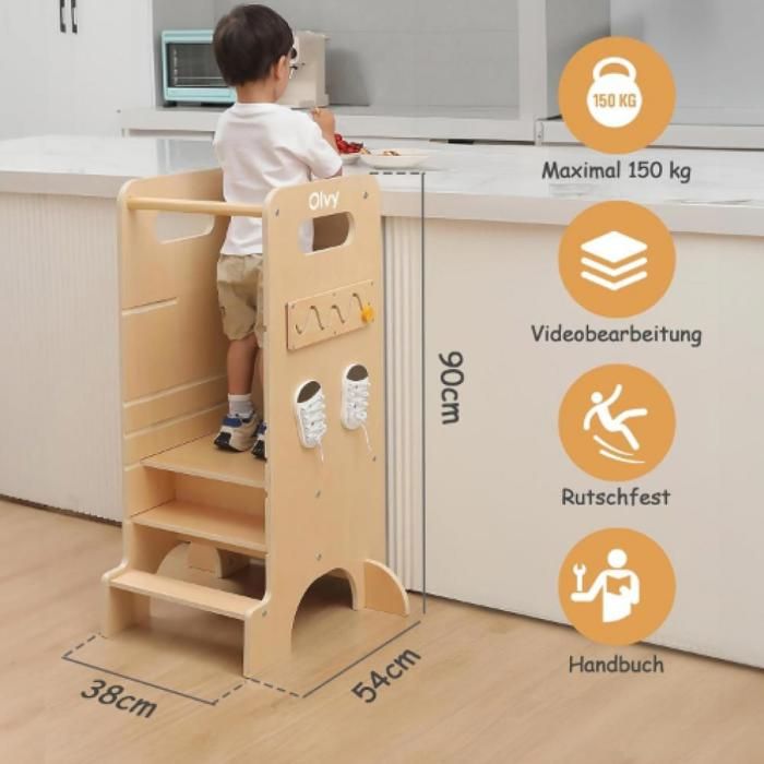 Cateam Marchepied Enfant Bois Blanc - Tabouret Avec Pieds Extensibles - Stable Et Polyvalent