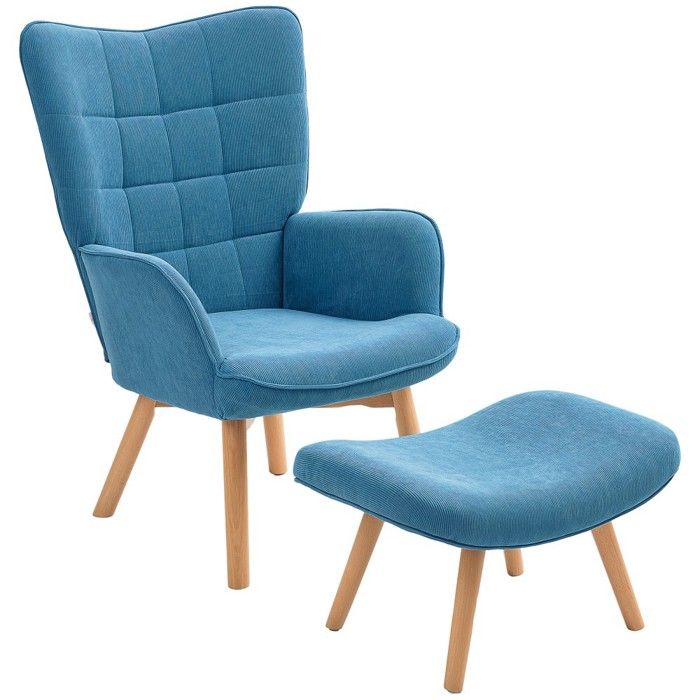 Fauteuil salon velours côtelé bleu avec repose-pieds - dossier haut et chaise longue capitonnée - Pieds en bois Fauteuil salon velours côtelé bleu avec repose-pieds - dossier haut et chaise longue capitonnée - Pieds en bois