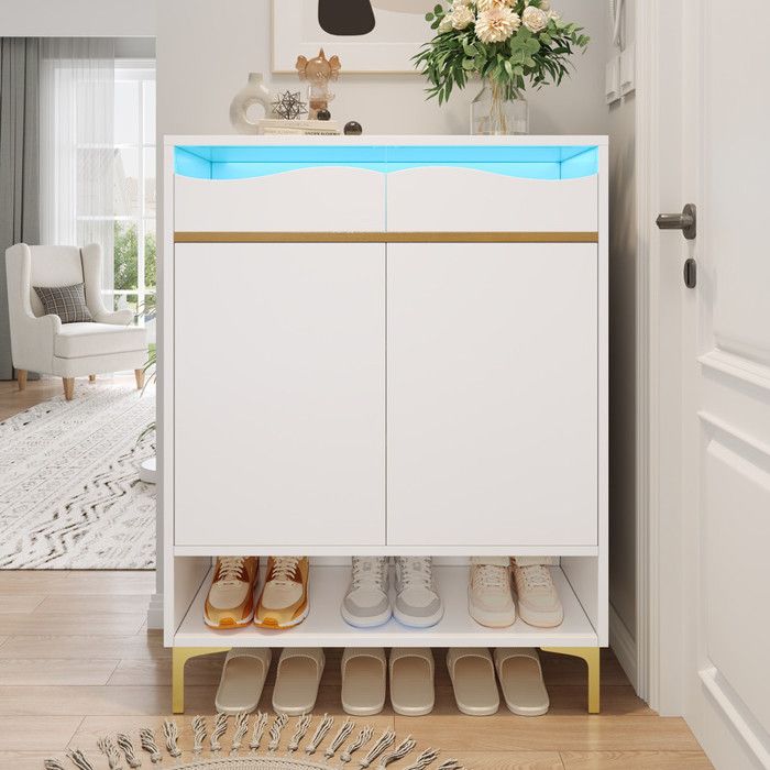 Meuble a chaussures 80×35×105 cm avec LED 16 couleurs Armoire à chaussures avec tiroirs et étagères Meuble entree en moderne