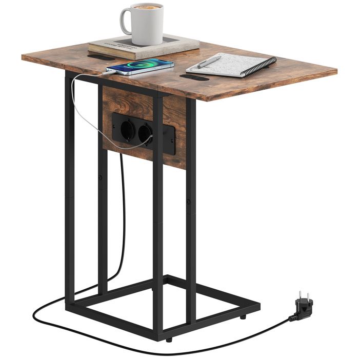 Table dappoint - HOMCOM - avec station de charge plateau pliable - cadre en métal - 39 x 29 x 57 cm - brun rustique et noir Table dappoint - HOMCOM - avec station de charge plateau pliable - cadre en métal - 39 x 29 x 57 cm - brun rustique et noir