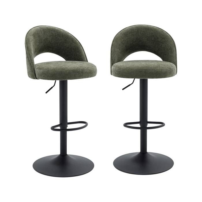 Lot de deux tabourets de bar ajustables métal et tissu kaki. pied noir - L 49 x P 49 x H 88.5-110cm - Abby Lot de deux tabourets de bar ajustables métal et tissu kaki. pied noir - L 49 x P 49 x H 88.5-110cm - Abby