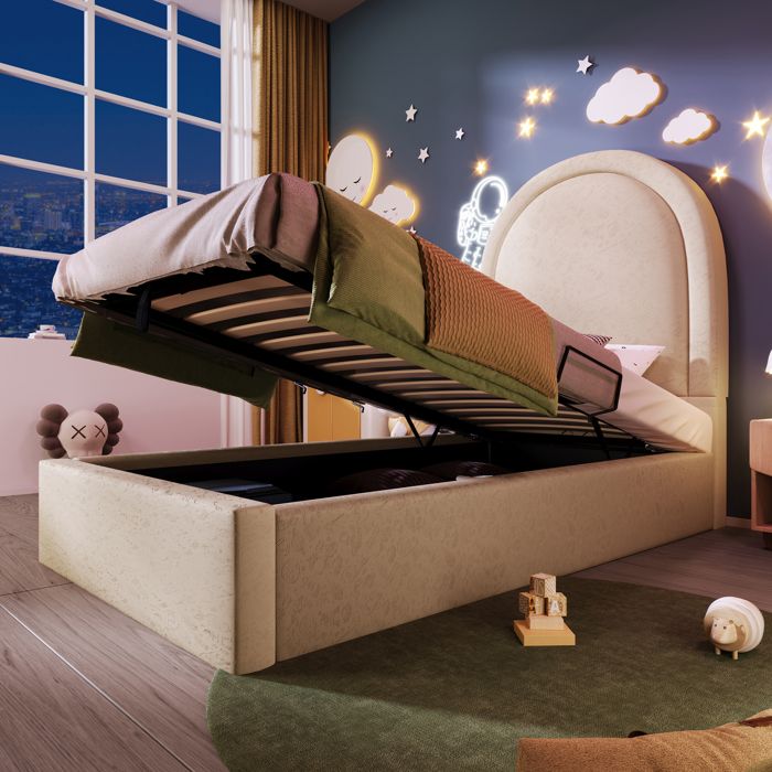 Lit bébé rembourré motif cosmique lit simple 90 x 200 cm beige matériau pu pour garçon et fille (sans matelas)